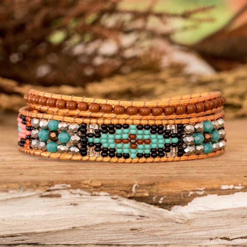 Handwoven Beaded Brown Wrap Bracelet with Geometric Motifs 'Geometric Spark'