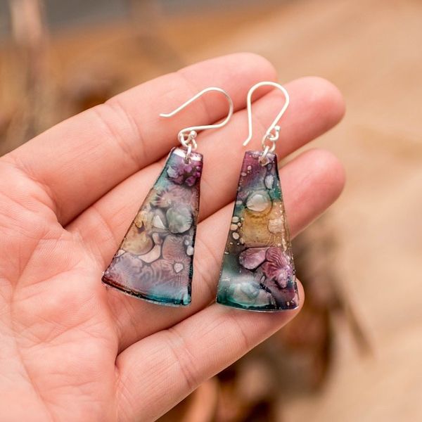 Alternate image for Yellow Turquoise and Purple Recycled CD Dangle Earrings Color Explosion