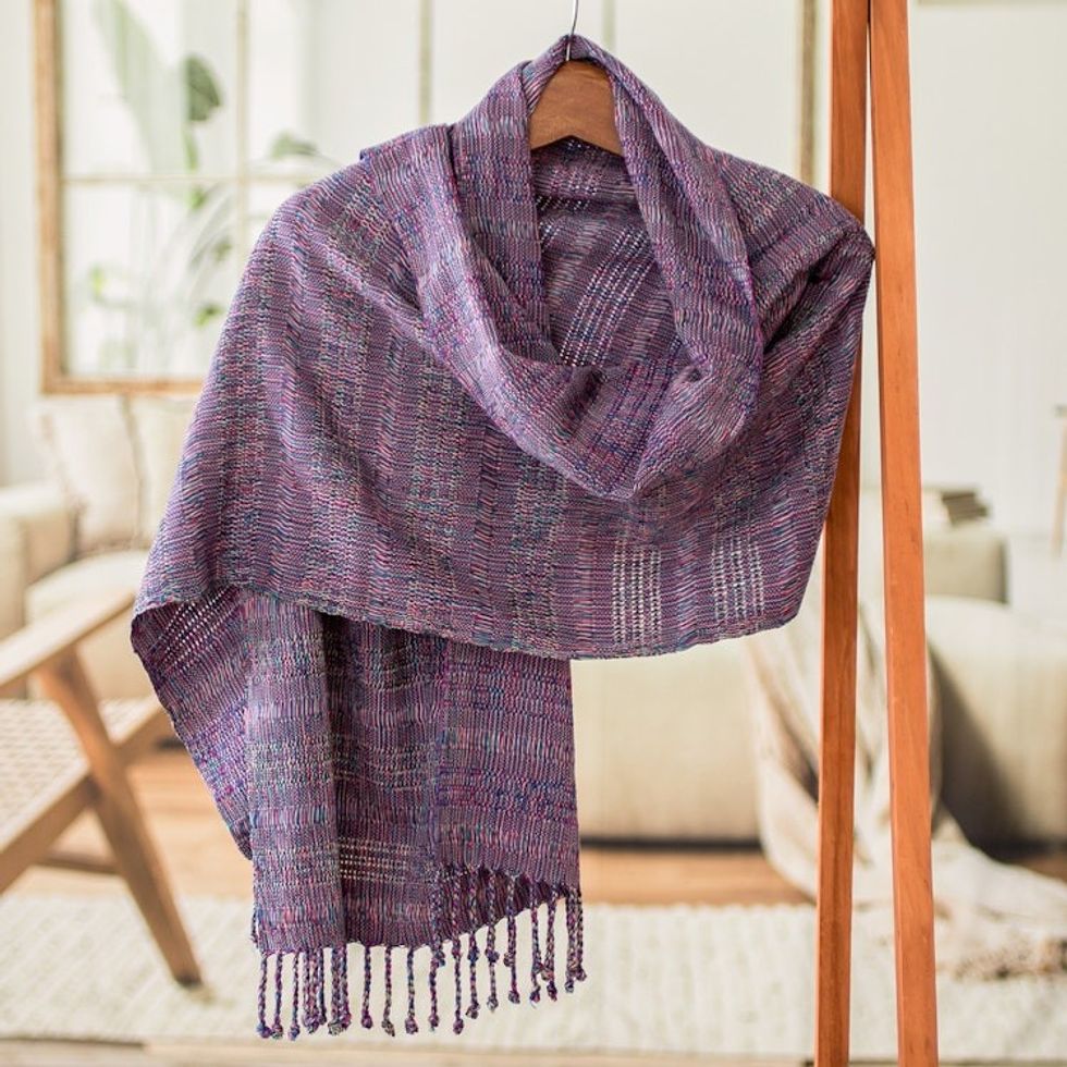 Purple Textured Fringed Cotton Scarf Hand-Woven in Guatemala 'Mystic Magenta'