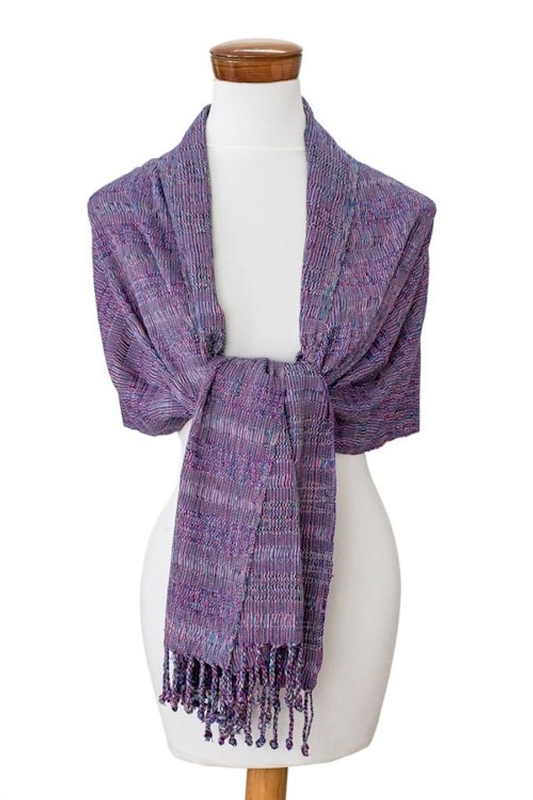 Alternate image for Purple Textured Fringed Cotton Scarf Hand-Woven in Guatemala Mystic Magenta