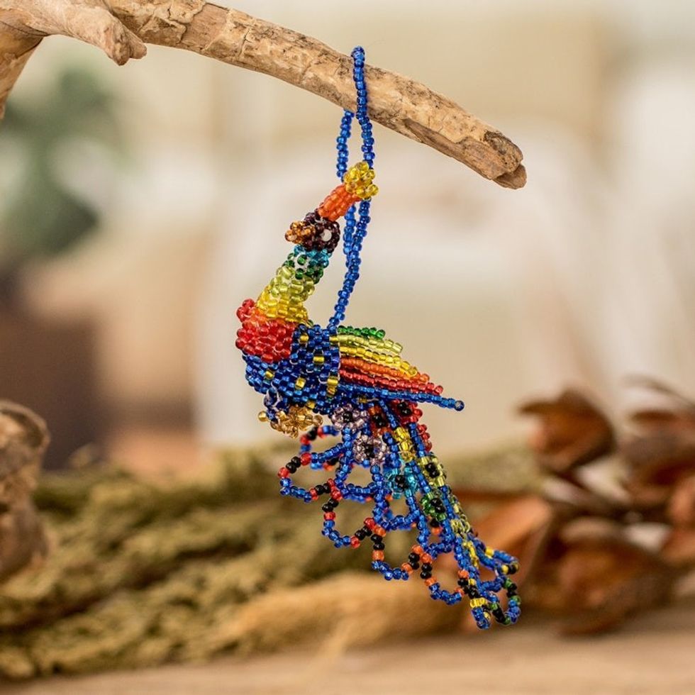 Colorful Glass Beaded Peacock-Themed Ornament from Guatemala 'Colorful Real Beauty'
