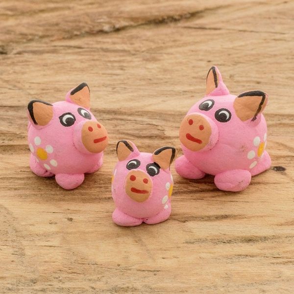Alternate image for Set of 3 Pink Pig Ceramic Figurines Handcrafted in Guatemala Pink Pig Family