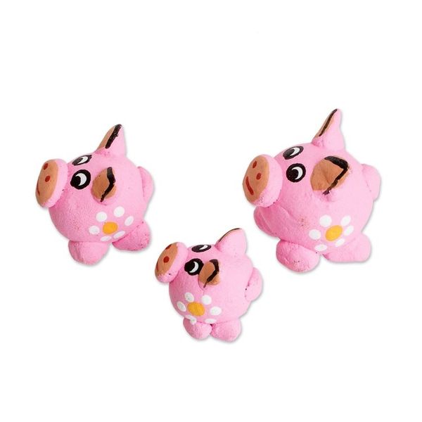 Alternate image for Set of 3 Pink Pig Ceramic Figurines Handcrafted in Guatemala Pink Pig Family