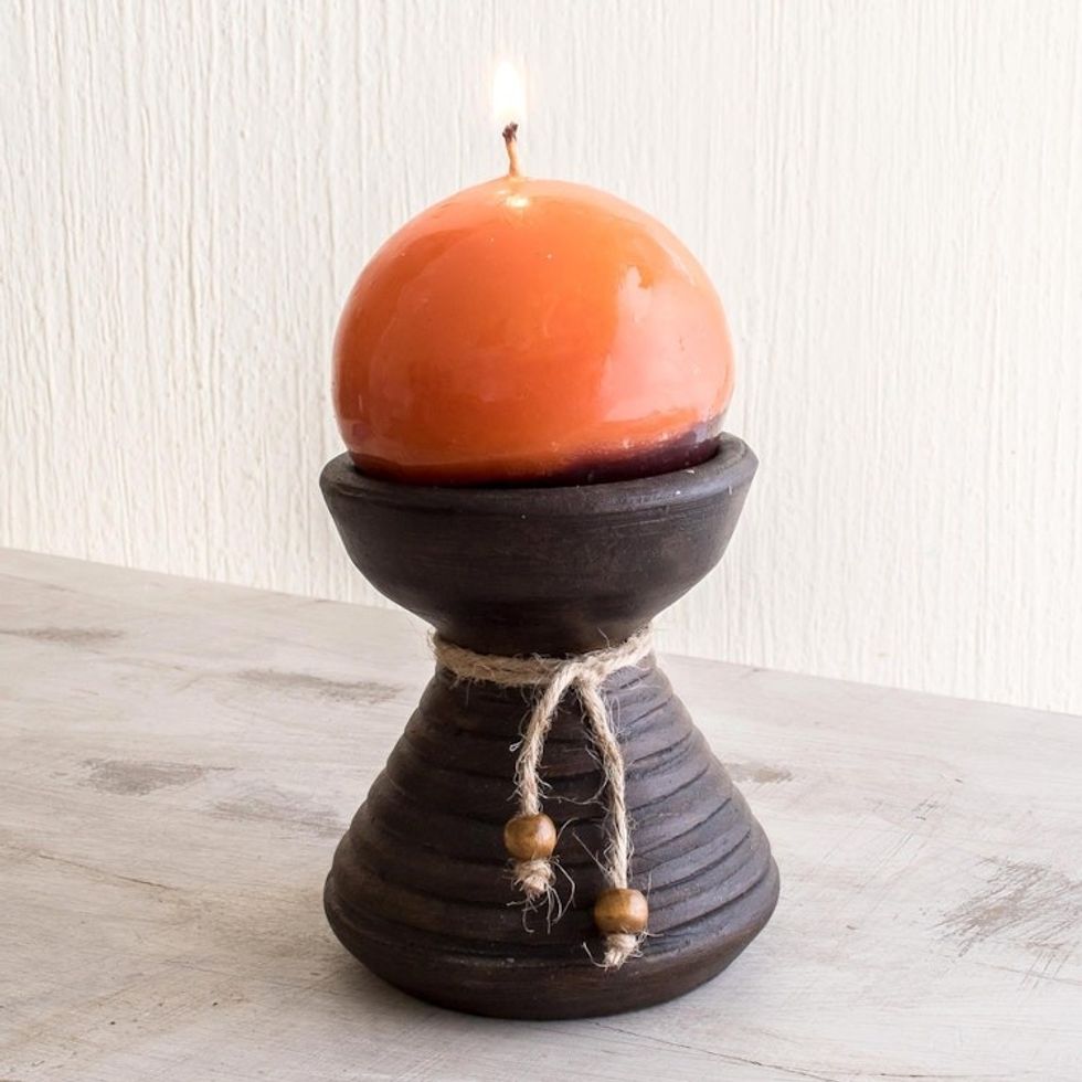 Brown Ceramic Candleholder with Handmade Orange Candle 'Natural Light in Orange'