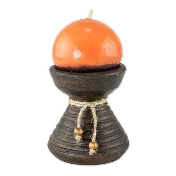 Alternate image for Brown Ceramic Candleholder with Handmade Orange Candle Natural Light in Orange