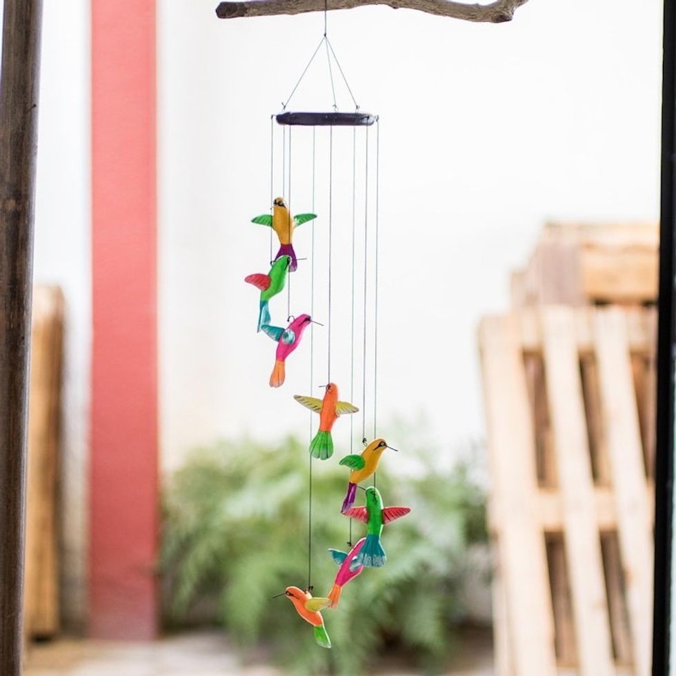 Ceramic Mobile with Eight Multicolored Hummingbirds 'Circling Hummingbirds'