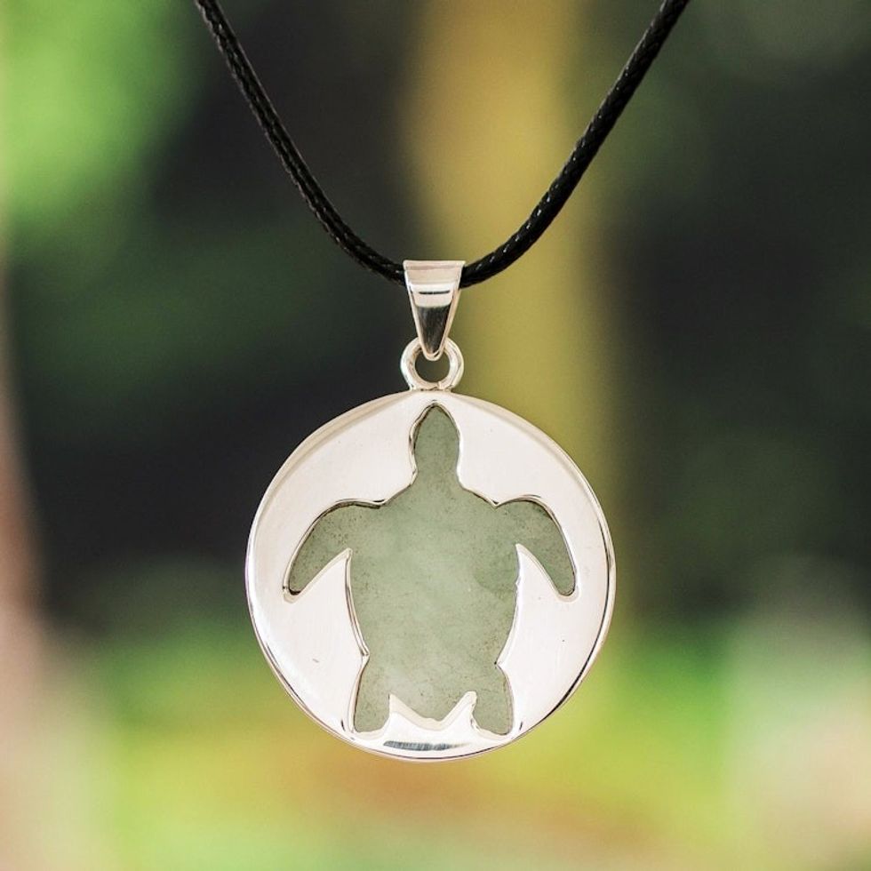 Sterling Silver and Green Jade Sea Turtle Pendant Necklace 'Marine Joy'