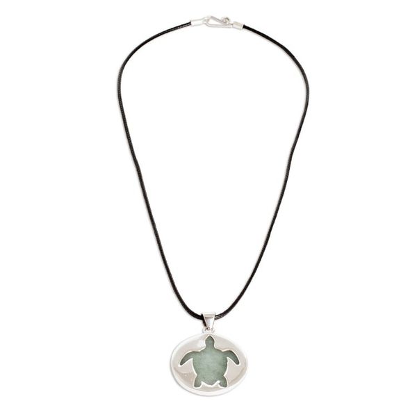 Alternate image for Sterling Silver and Green Jade Sea Turtle Pendant Necklace Marine Joy