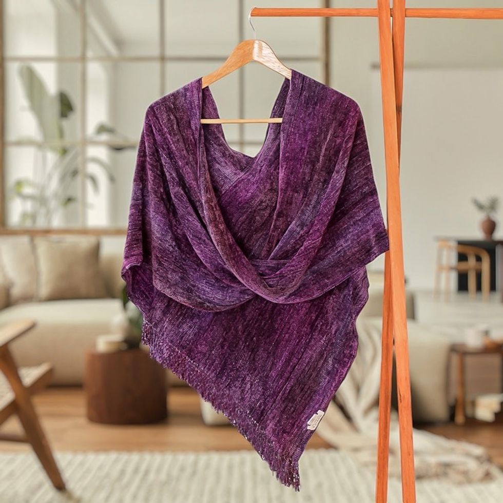 Cotton Blend Twisted Front Fringed Poncho in Purple Hues 'Purple Charm'