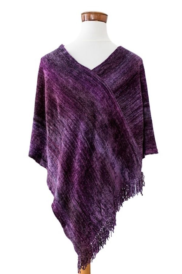 Alternate image for Cotton Blend Twisted Front Fringed Poncho in Purple Hues Purple Charm