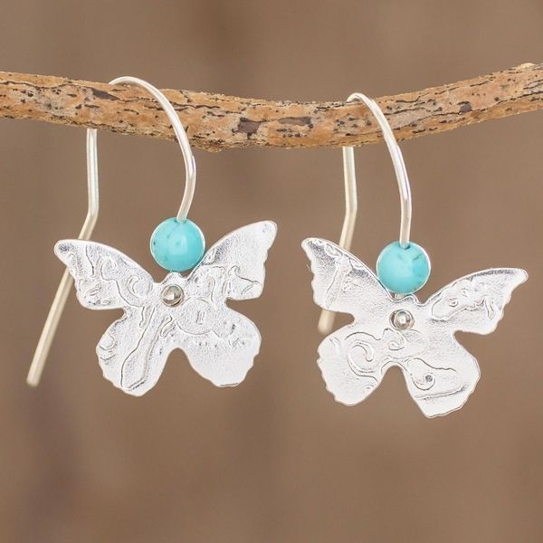 Alternate image for Sterling Silver and Recon Turquoise Butterfly Drop Earrings Butterfly Texture