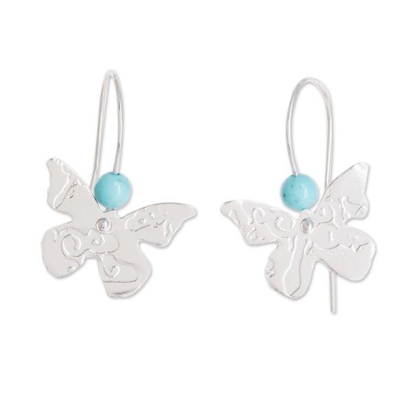 Alternate image for Sterling Silver and Recon Turquoise Butterfly Drop Earrings Butterfly Texture