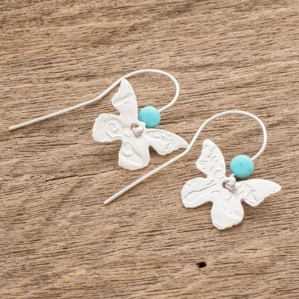 Alternate image for Sterling Silver and Recon Turquoise Butterfly Drop Earrings Butterfly Texture