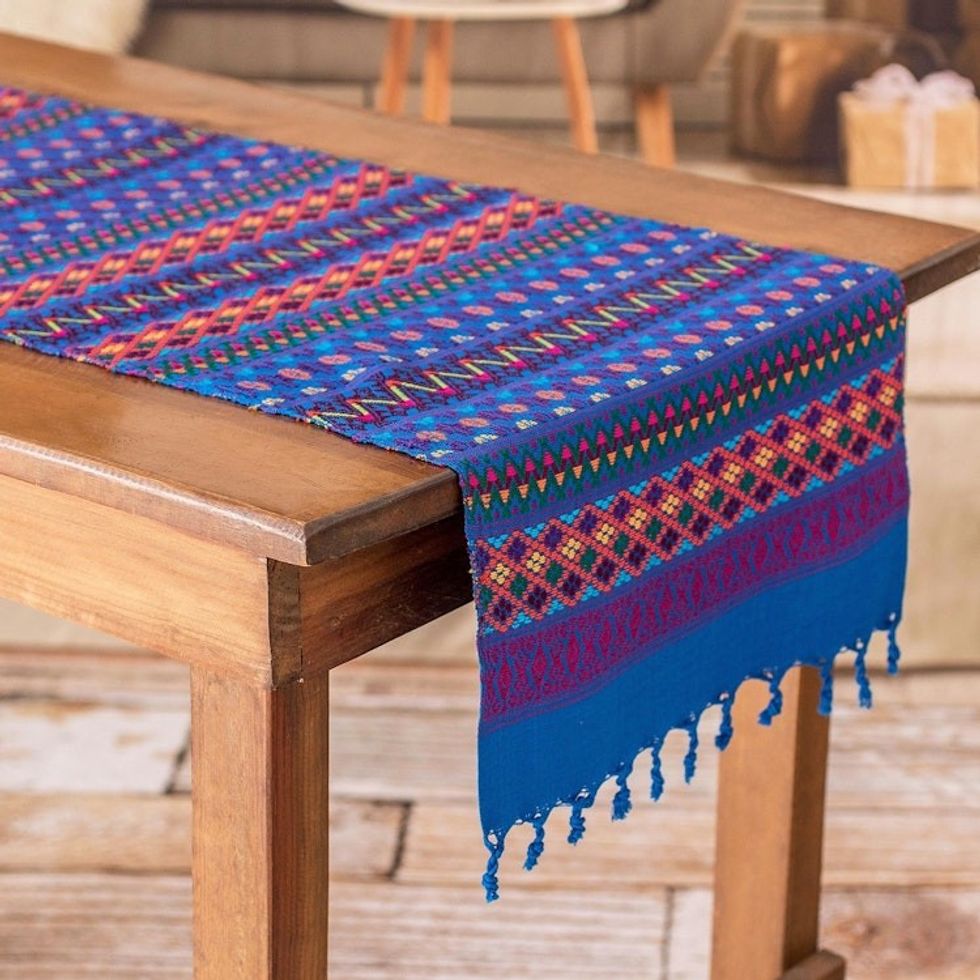 Guatemalan Hand-Woven Cotton Table Runner with Fringed Ends 'Azure Reef'