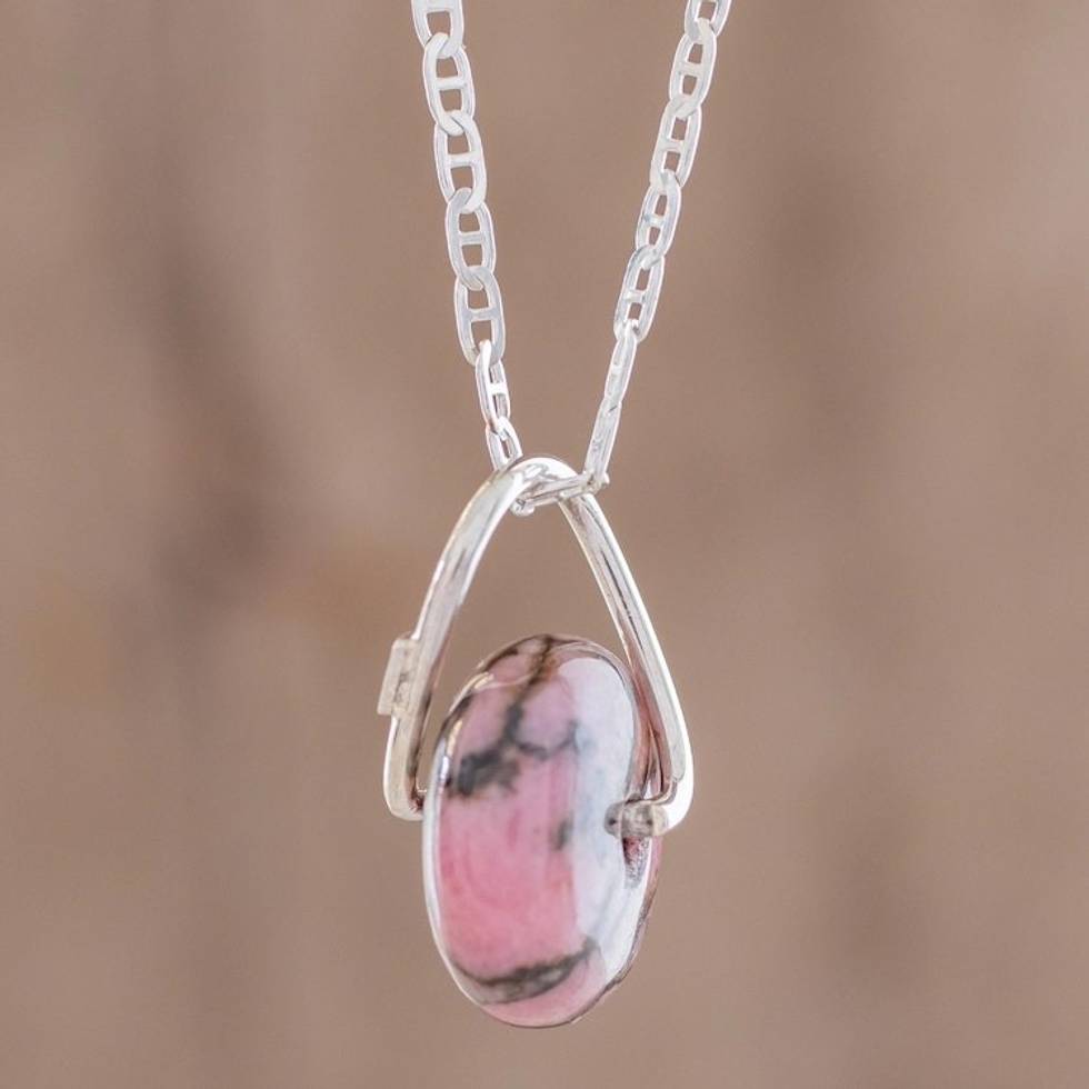 Round Rhodonite Pendant Necklace from Guatemala 'Wheel of Fortune'