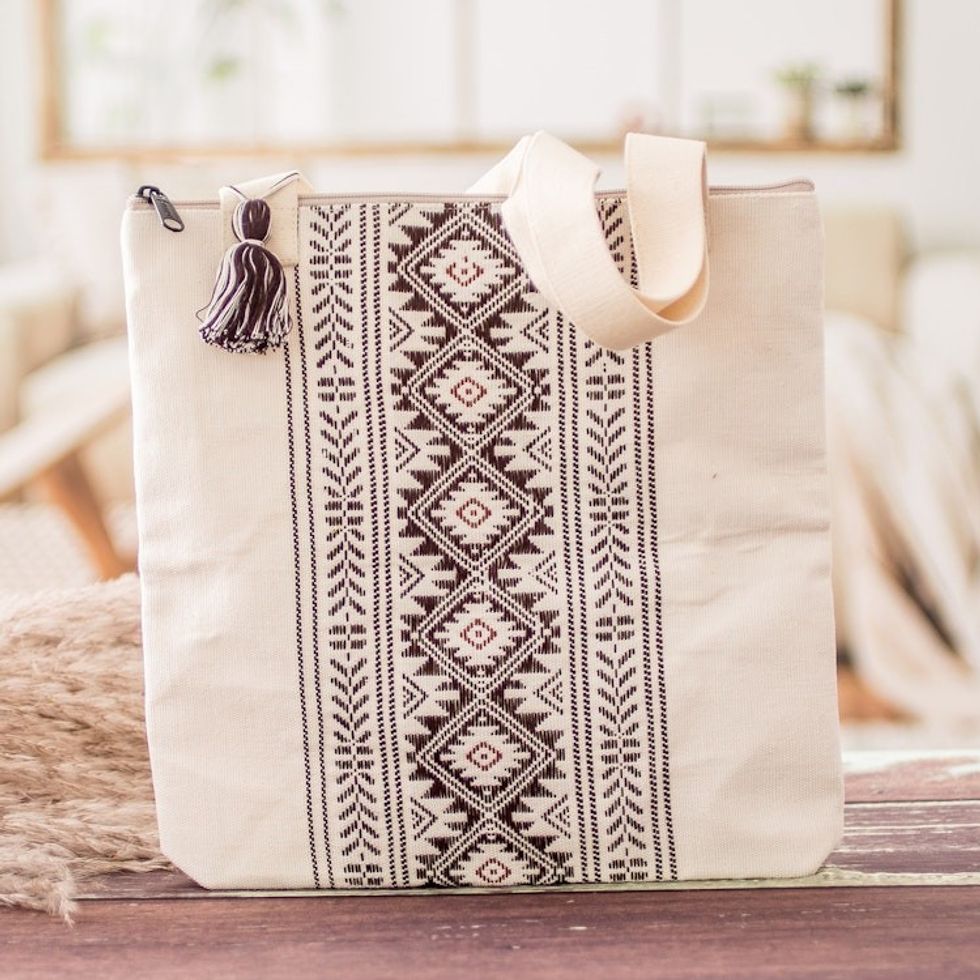 Traditional Patterned Zippered Ivory Cotton Tote Bag 'Celestial Paths'