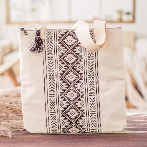 Alternate image for Traditional Patterned Zippered Ivory Cotton Tote Bag Celestial Paths