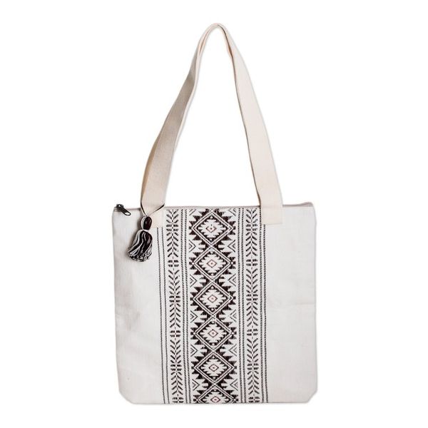 Alternate image for Traditional Patterned Zippered Ivory Cotton Tote Bag Celestial Paths