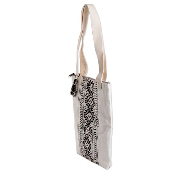 Alternate image for Traditional Patterned Zippered Ivory Cotton Tote Bag Celestial Paths