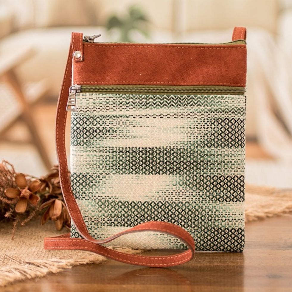 Faux Leather-Accented Cotton Sling Bag in Forest Green Hues 'Forest Beauty'