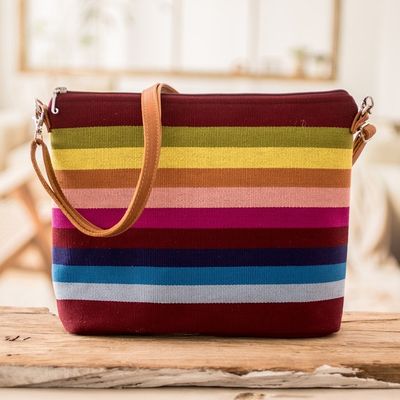 Alternate image for Handwoven Striped Cotton Shoulder Bag with Leather Straps Pura Vida
