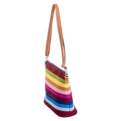 Alternate image for Handwoven Striped Cotton Shoulder Bag with Leather Straps Pura Vida