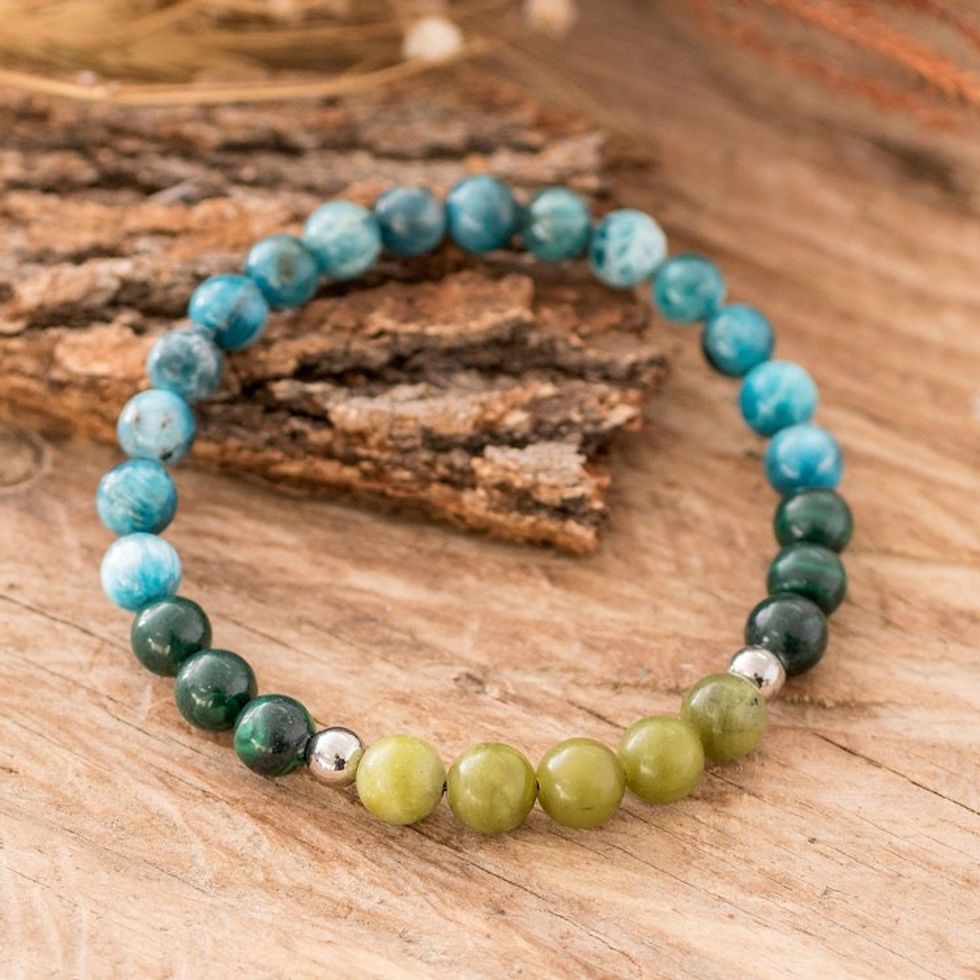 Men's Agate Peridot and Malachite Beaded Stretch Bracelet 'Water and River'