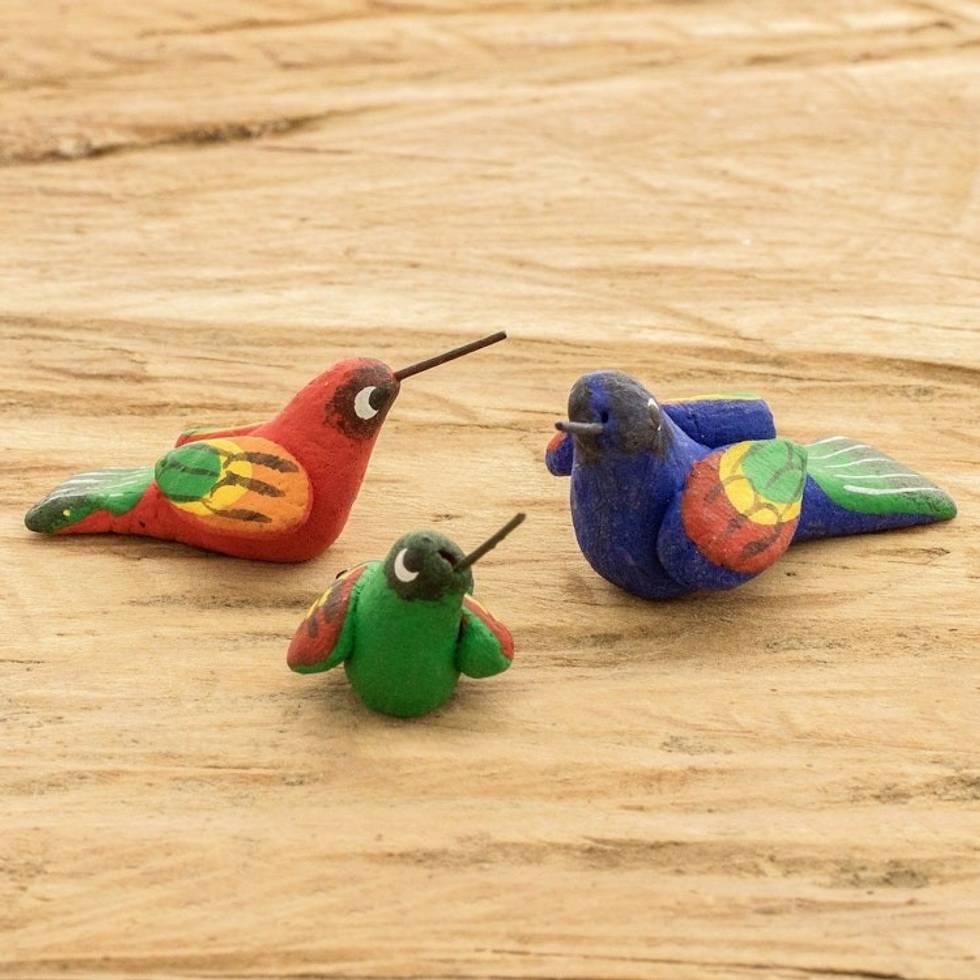 Guatemalan Set of 3 Multicolor Hummingbird Ceramic Figurines 'Hummingbird Family'