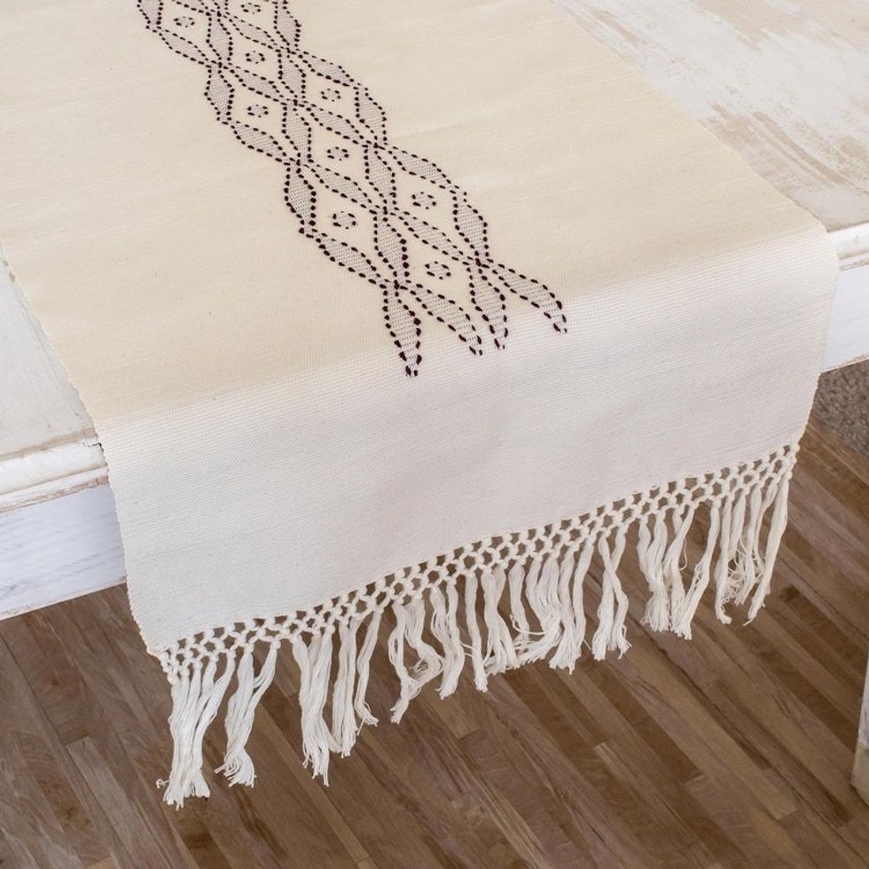 Hand Crafted Ivory Cotton Table Runner 'Coban Diamonds in Currant'