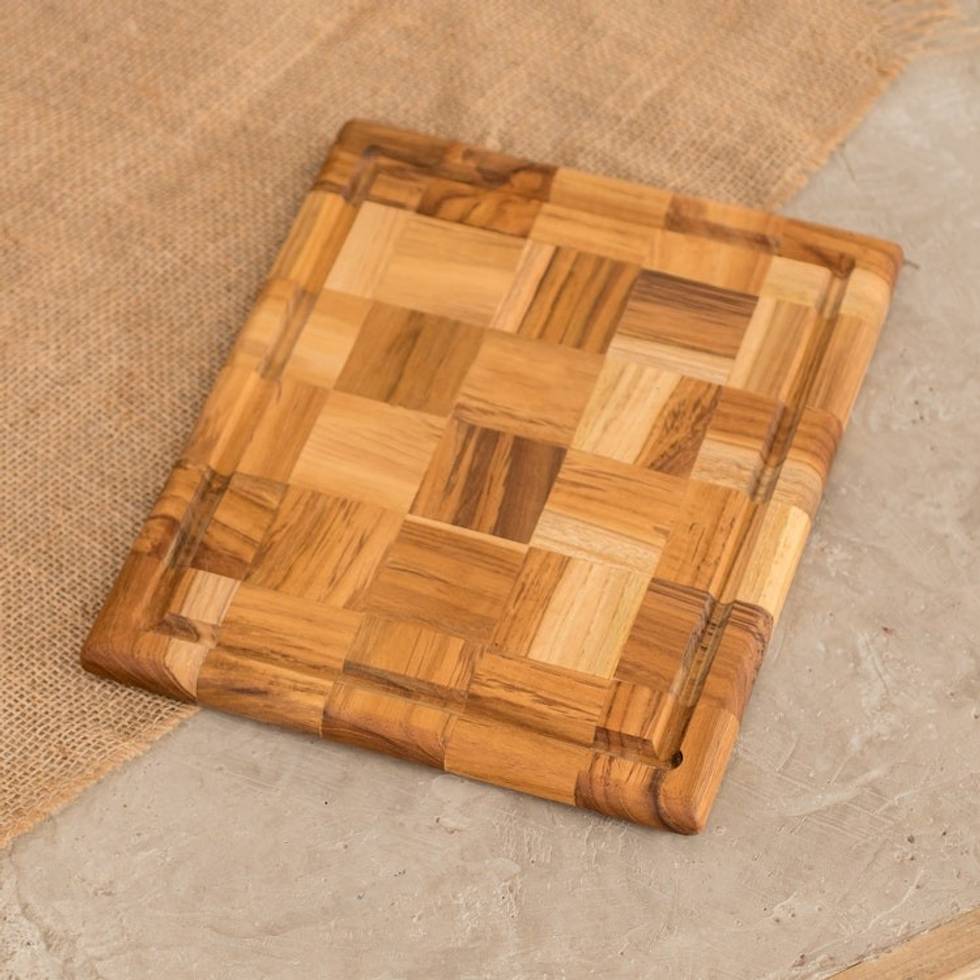 Rectangular Mosaic Teak Wood Cutting Board from Guatemala 'Grid Union'