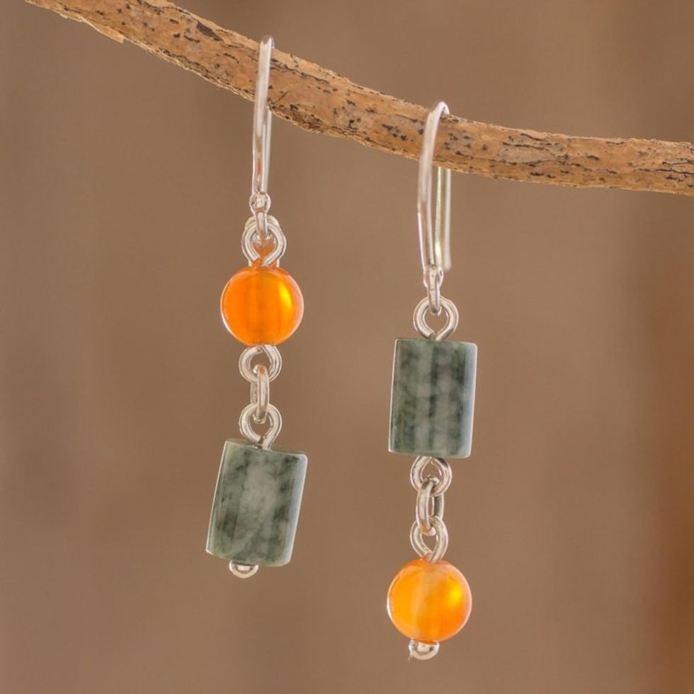 Jade and Carnelian Dangle Earrings from Guatemala 'Sunny Viridian'