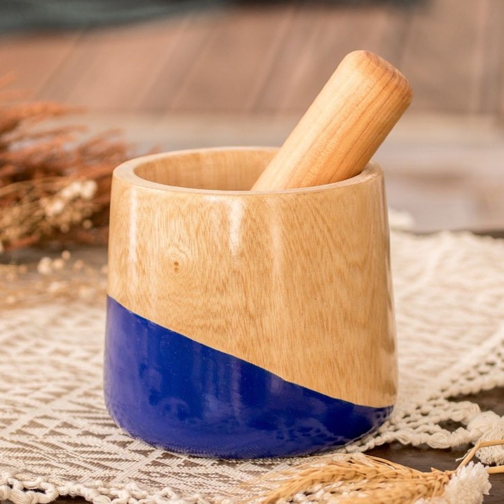 Dip Painted Hand Carved Wood Mortar 'Spicy Blue'