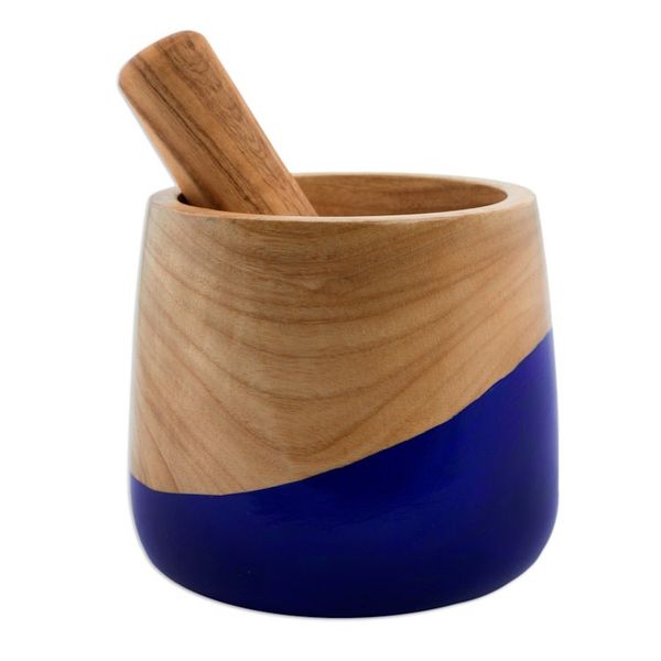 Alternate image for Dip Painted Hand Carved Wood Mortar Spicy Blue