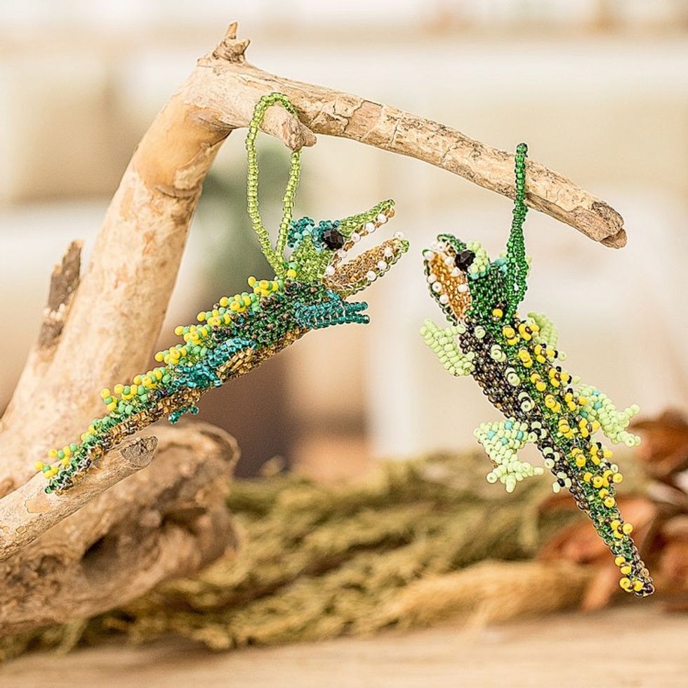 Pair of Glass Beaded Crocodile Ornaments from Guatemala 'Green Ferocious Friends'