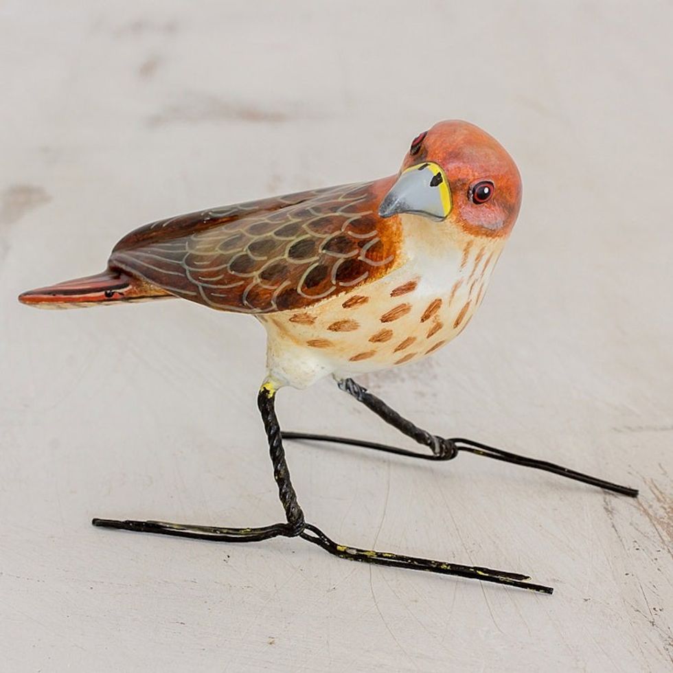 Guatemalan Handmade Red-Tailed Hawk Ceramic Bird Figurine 'Red-Tailed Hawk'