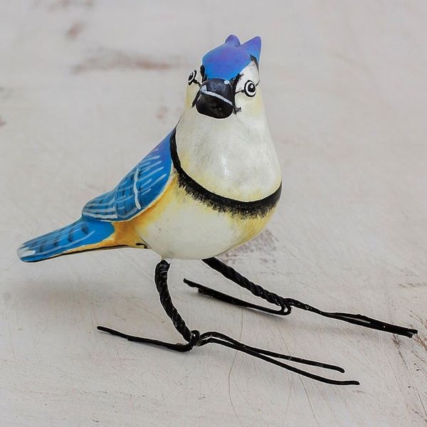 Alternate image for Hand Painted Blue Jay Ceramic Bird Figurine from Guatemala Blue Jay