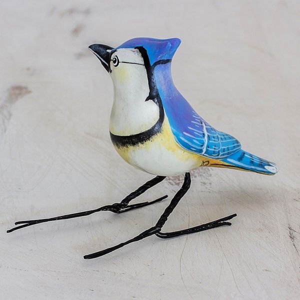 Alternate image for Hand Painted Blue Jay Ceramic Bird Figurine from Guatemala Blue Jay