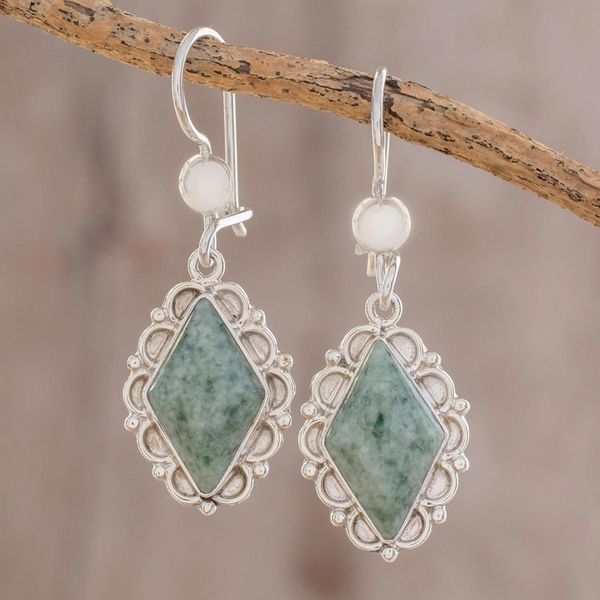 Alternate image for Guatemalan Light Green Jade Earrings Diamond Dahlia