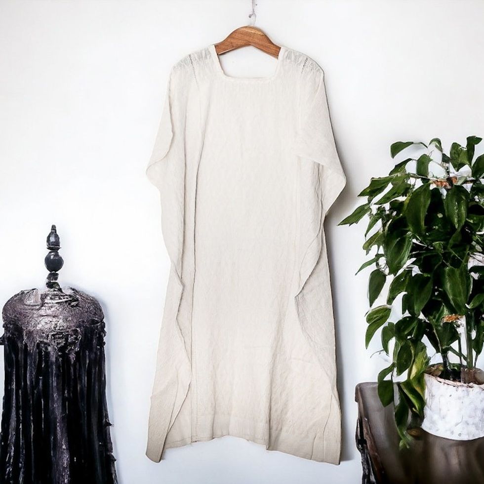 Classic Pic'bil Handloomed Ivory Cotton Caftan Dress 'Ancestral Glow'