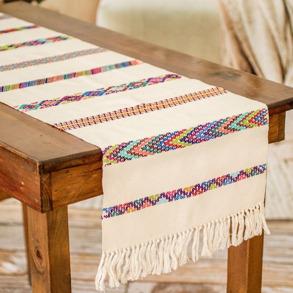 Handloomed Striped Ivory Cotton Table Runner with Fringes 'Route to the Sky'