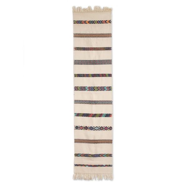 Alternate image for Handloomed Striped Ivory Cotton Table Runner with Fringes Route to the Sky
