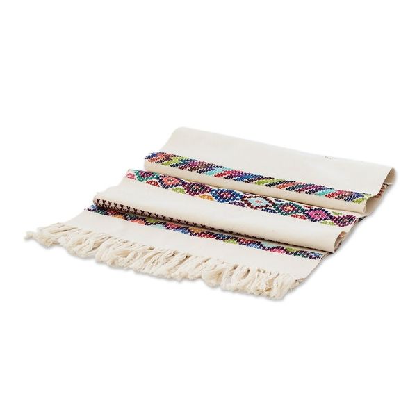 Alternate image for Handloomed Striped Ivory Cotton Table Runner with Fringes Route to the Sky