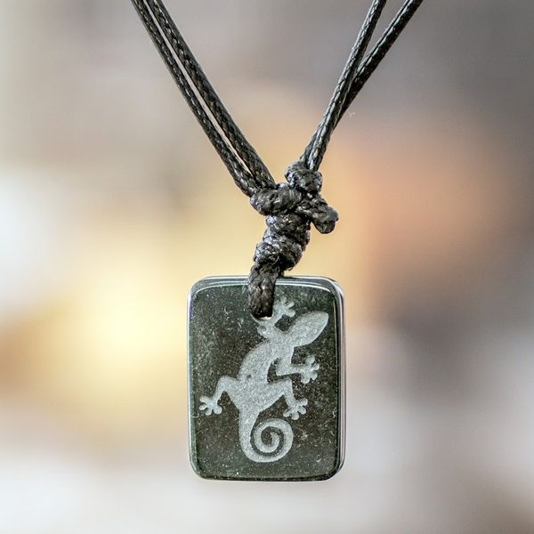 Alternate image for Black Jade Lizard Pendant Necklace from Guatemala Mayan Gecko