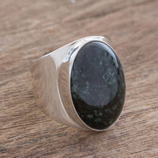 Alternate image for Handmade Mens Dark Green Jade Cocktail Ring from Guatemala Truth and Life in Dark Green