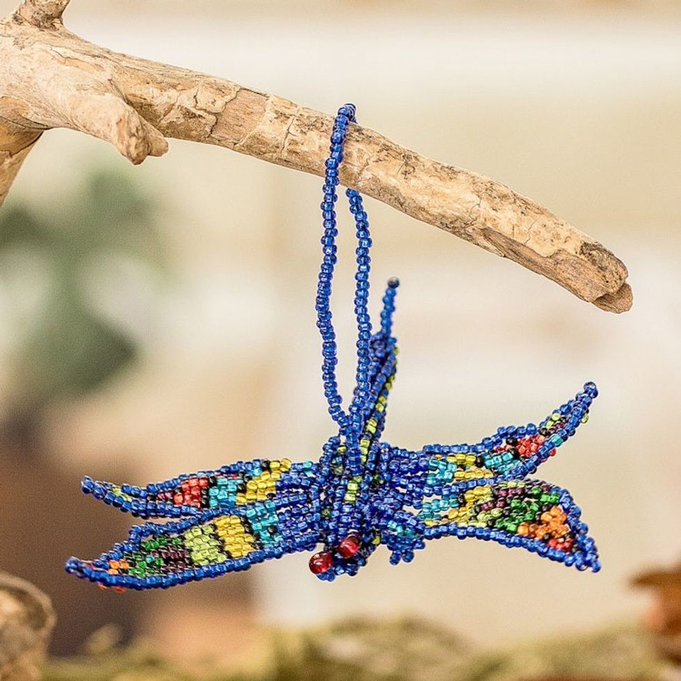 Glass Beaded Dragonfly Ornament in Blue Shade from Guatemala 'Blue Free Flight'