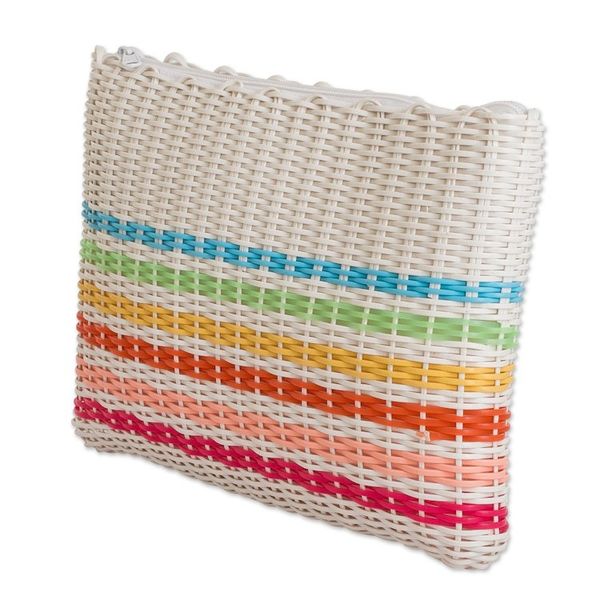 Alternate image for Colorful Striped Hand-Woven Recycled Vinyl Cord Toiletry Bag Rainbow on White