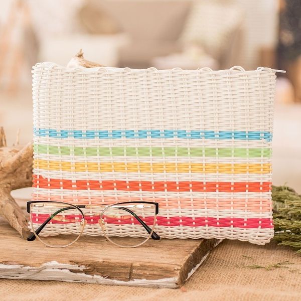 Alternate image for Colorful Striped Hand-Woven Recycled Vinyl Cord Toiletry Bag Rainbow on White