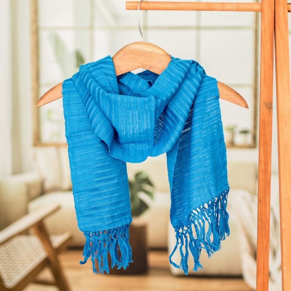 Blue Cotton Hand Woven Scarf 'Ocean Freshness'