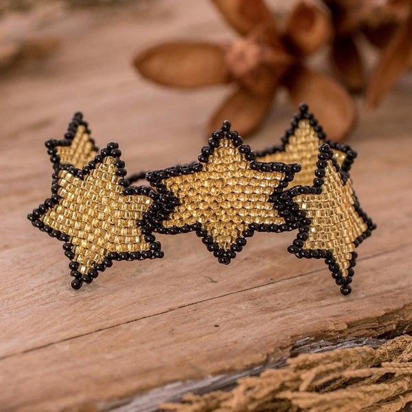 Alternate image for Black Golden-Toned Beaded Wristband Bracelet with Star Theme Amber Starlight