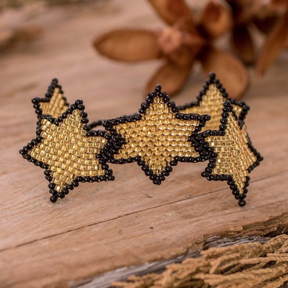 Black Golden-Toned Beaded Wristband Bracelet with Star Theme 'Amber Starlight'